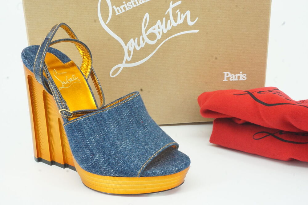 Christian Louboutin Mira Colunata Sandal Denim Wedge SZ 38.5 Strappy $1295